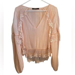 Vintage BCBGMaxazria Peach crinkle pleated Lace Bishop sleeve Sheer blouse